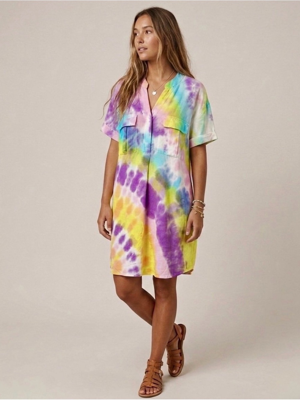 H&M Linen Blend Vibrant Tie Dye Oversized Shift Dress Multicolor Short Sleeve 6